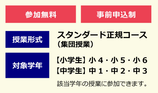 参加無料・事前申込制 授業形式:スタンダード正規コース(集団授業) 対象学年:小4~中3 該当学年の授業に参加できます。
